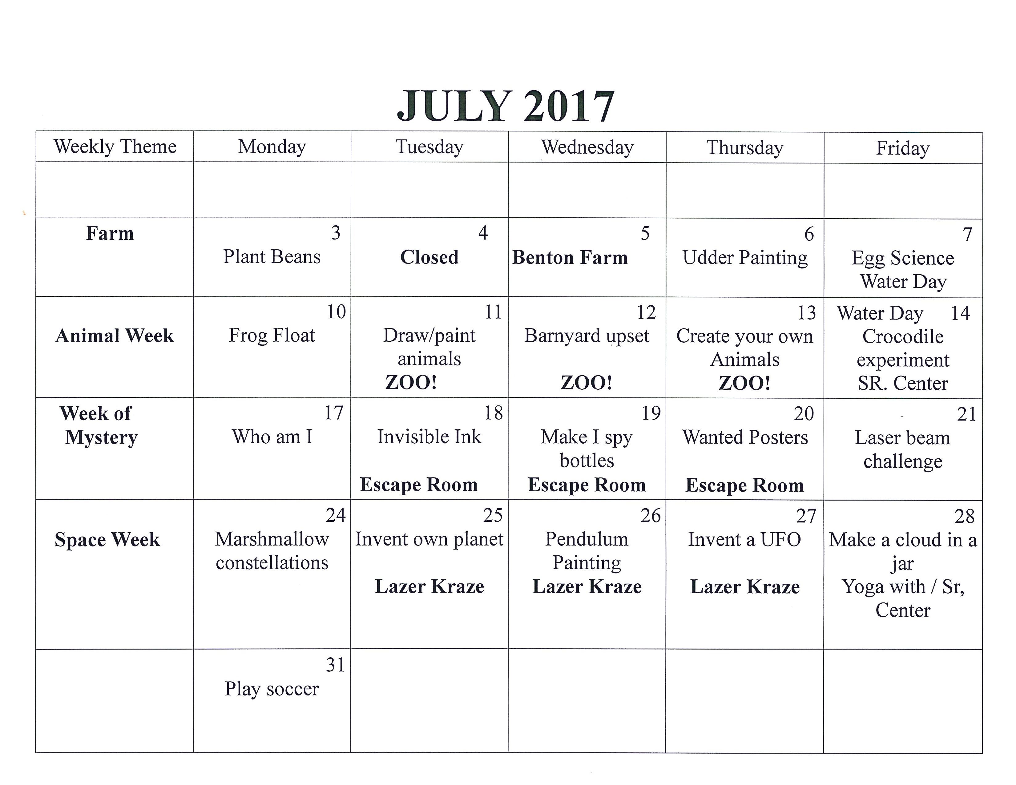 July schedule